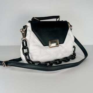 Faux leather crossbody bag for girls, white with black flap and chain strap