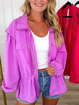 Purple lightweight long-sleeve hooded jacket with front pockets and button front