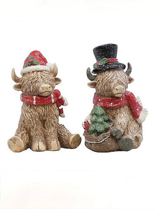 Resin reindeer figurines with Christmas hats and red-and-green scarves