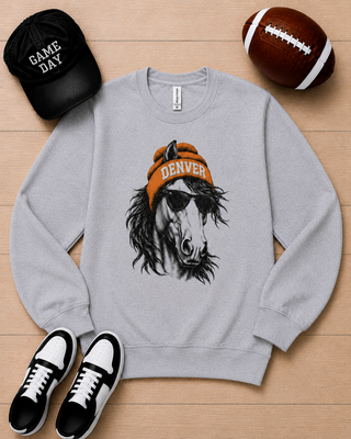 Gray crewneck sweatshirt with Denver graphic dog face and sunglasses