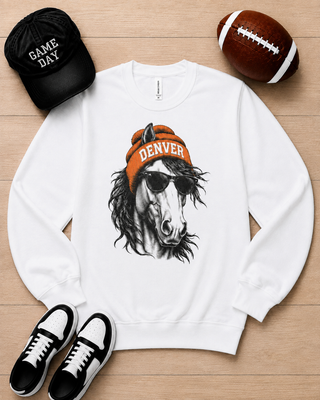 White long-sleeve crewneck sweatshirt with Denver orange patch dog graphic