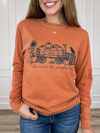 Orange cotton long-sleeve graphic tee with pumpkin patch truck print, crew neck