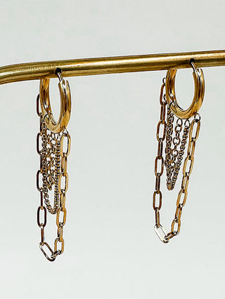 Gold drop earrings with hoop tops and layered chain tassels
