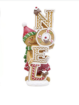 Festive resin decor gingerbread-themed standing figure with stacked letter design and ornaments