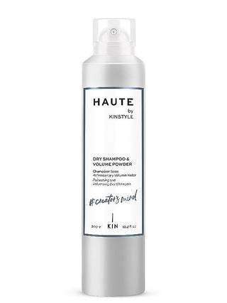 Kinstyle dry shampoo spray bottle, white pump; HAUTE by Kinstyle label