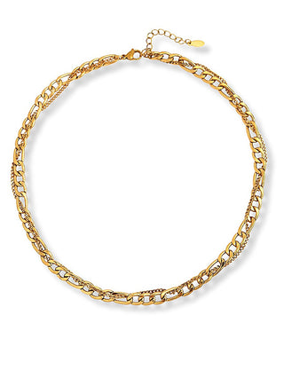 Gold-tone layered chain necklace with clasp and mixed link details, close-up