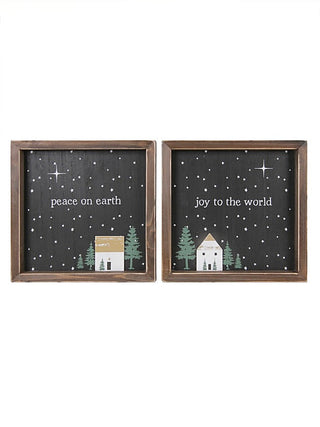 Wood peace-on-earth and joy-to-the-world sign pair with starry night, trees, and framed border