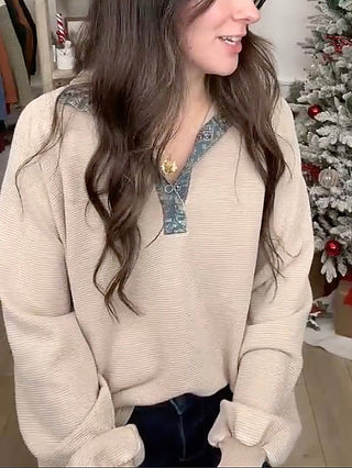Sand ribbed long-sleeve henley top with button placket, long sleeves