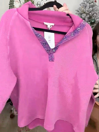 Magenta ribbed long-sleeve henley top with button placket