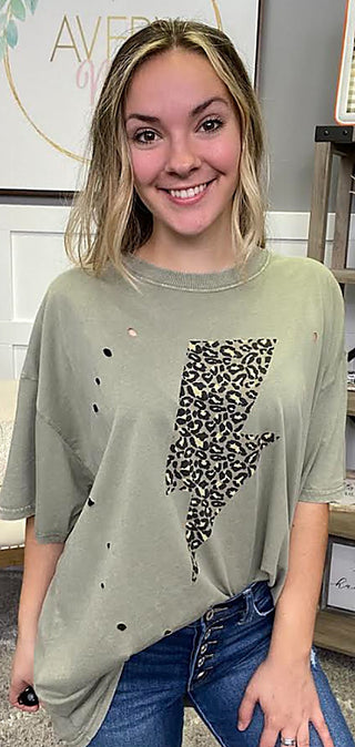 Sage oversized cotton graphic top with leopard lightning bolt and short sleeves