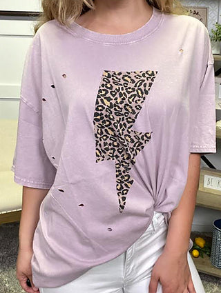 Lilac oversized cotton graphic top with leopard lightning bolt, crew neck, short sleeves