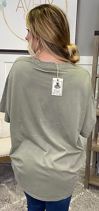 Sage oversized cotton top with distressed dot holes, back view, short sleeves