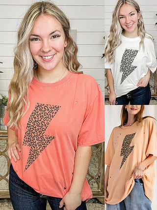 Coral oversized cotton short-sleeve graphic top with leopard lightning bolt print