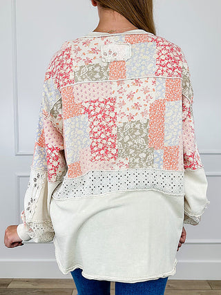 Cotton long sleeve top back view, patchwork floral print, button placket detail