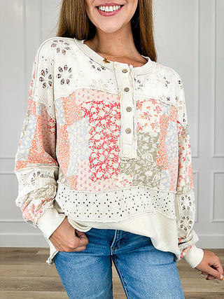 Cotton long sleeve top in sand, button front, patchwork floral print, eyelet hem