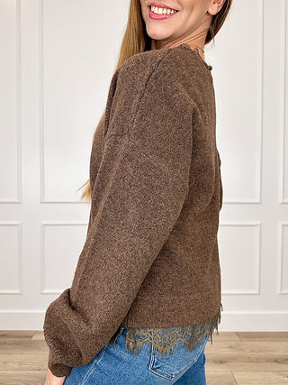 Brown knit long-sleeve sweater, side view, loose fit