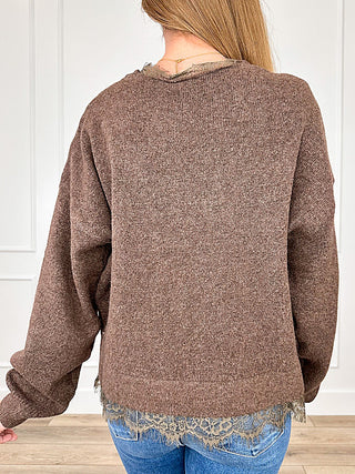 Brown knit long-sleeve sweater with loose back, textured fabric
