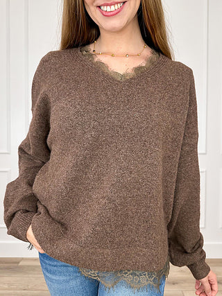 Brown knit long-sleeve sweater with lace-trim neckline, loose fit