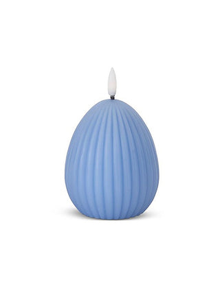 Blue ribbed Easter egg LED candle with lit wick-style LED on top
