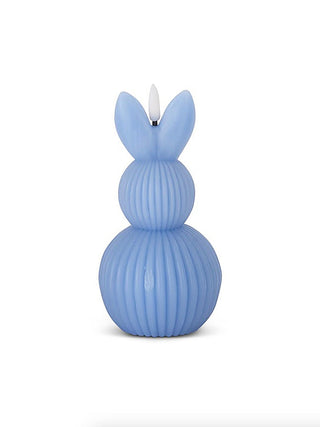 Blue ribbed Easter bunny LED candle with lit wick-style LED and two ears