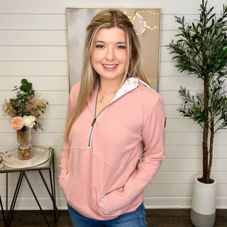 Join Me Cotton Blend Long Sleeve Blush Avery Mae Hooded Quarter Zip Sweatshirt