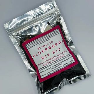 Elderberry DIY kit pouch with BeWell Co label, plant powder and organic herb powder.