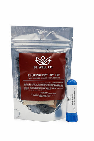 Elderberry DIY kit with silver pouch and red label, plus blue inhale tube