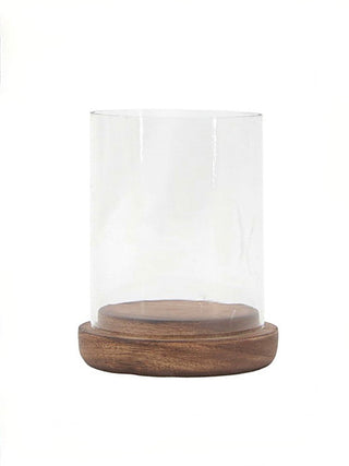 Clear glass decor cylinder with rounded wooden base