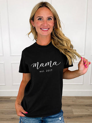 Established Mama Custom Year Cotton Short Sleeve Black Avery Mae Graphic Tee Shirt (Comfort Colors) (view 2) | Avery Mae Bout