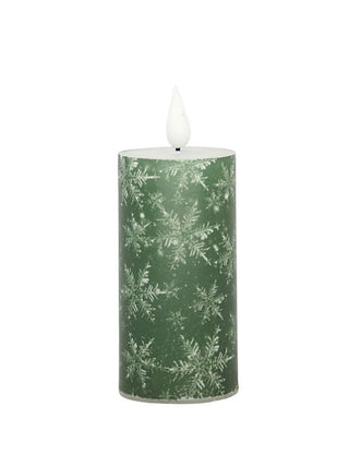 Green LED flameless candle with winter evergreen tree pattern