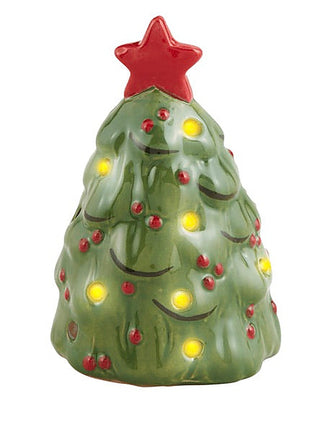 Ceramic light-up Christmas tree shelf sitter in green with star topper and lights