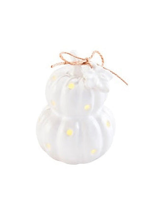 Ceramic light-up snowman shelf sitter in white with glowing dots and tied bow