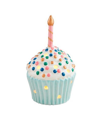 Ceramic light-up cupcake shelf sitter with pink candle and colorful sprinkles
