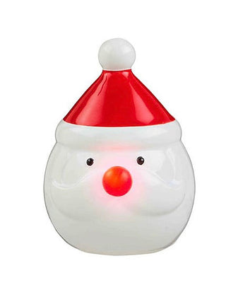 Ceramic light-up shelf sitter snowman with red hat and glowing face lights