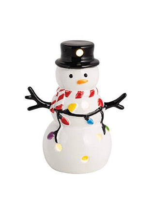 Ceramic light-up shelf sitter snowman with black hat, striped scarf, and glowing lights