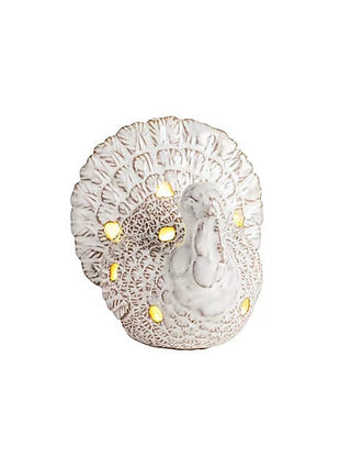 Ceramic light-up turkey shelf sitter with textured wings and glowing yellow eyes