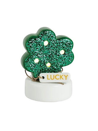 Ceramic light-up lucky clover shelf sitter in glittery green with “LUCKY” tag