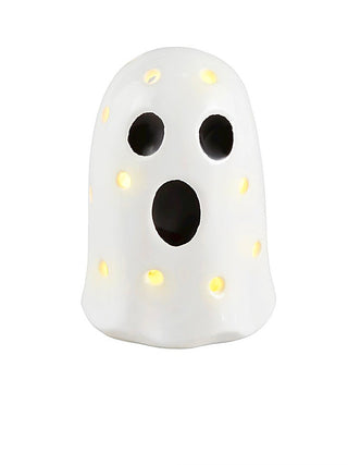 Ceramic light-up ghost shelf sitter in white with black face and glowing dots
