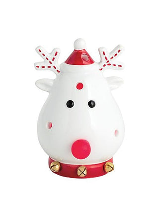 Ceramic light-up reindeer shelf sitter in white with red nose and antler details