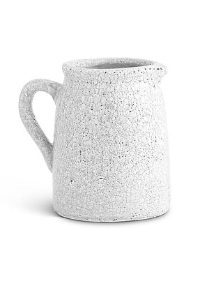 Speckled ceramic pitcher with short handle and wide round opening