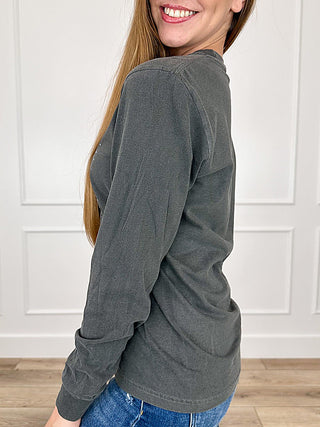 Grey long-sleeve cotton T-shirt, side view