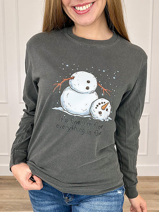 Grey long-sleeve cotton graphic T-shirt with snowmen print