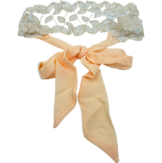 Cantaloupe tieback lace headband with leaf-pattern lace top and long peach ribbon ties