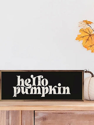 Wood shelf sitter with 'hello pumpkin' lettering and small white pumpkin