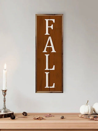 Vertical wood shelf sitter with 'FALL' letters in white on brown sign