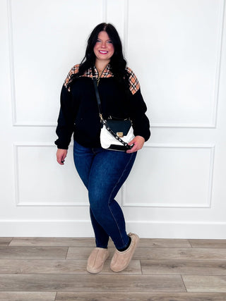 Black quarter zip pullover with plaid yoke detail paired with Judy Blue Kyla skinny jeans.