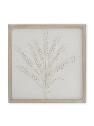 Embossed fall wheat wood sign with central stalk, branching wheat heads, rectangular frame