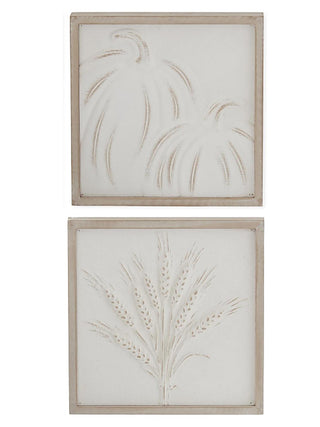 Embossed fall wood sign with wheat stalk design, rectangular frame, light natural finish