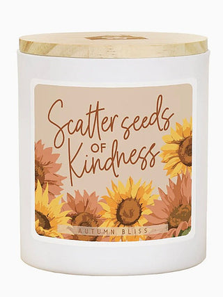 Soy candle with wooden lid; “Scatter Seeds of Kindness” sunflower autumn label