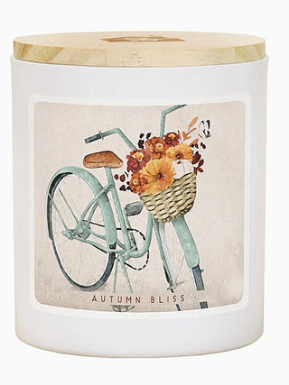 Soy candle with wooden lid; “Autumn Bliss” bicycle and floral bouquet label